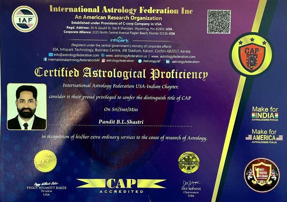 Awards &amp; Achievements- Astrologer BL Shastri Ji