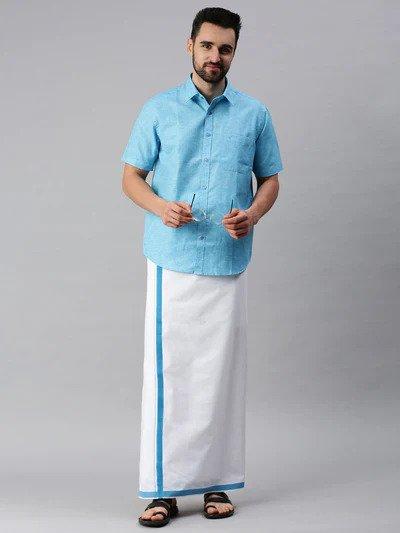 Mens Matching Border Dhoti & Half Sleeves Shirt Set Trendy